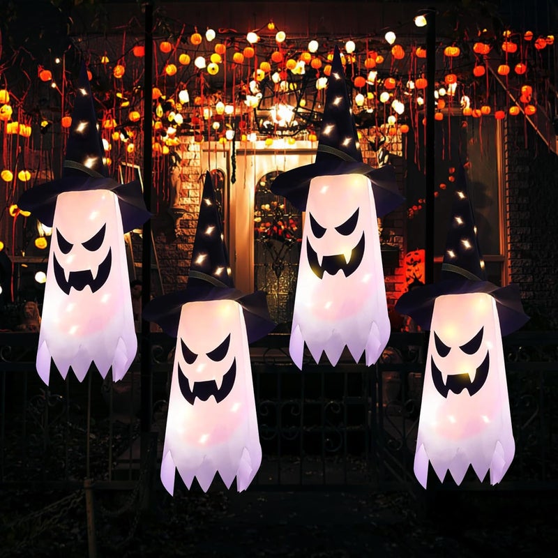 Arperles Halloween Decorations Glowing Ghost Witch Hat Halloween String Lights - Indoor/Outdoor Hanging Decor for Home, Garden & Tree (4Pcs) - Image 1
